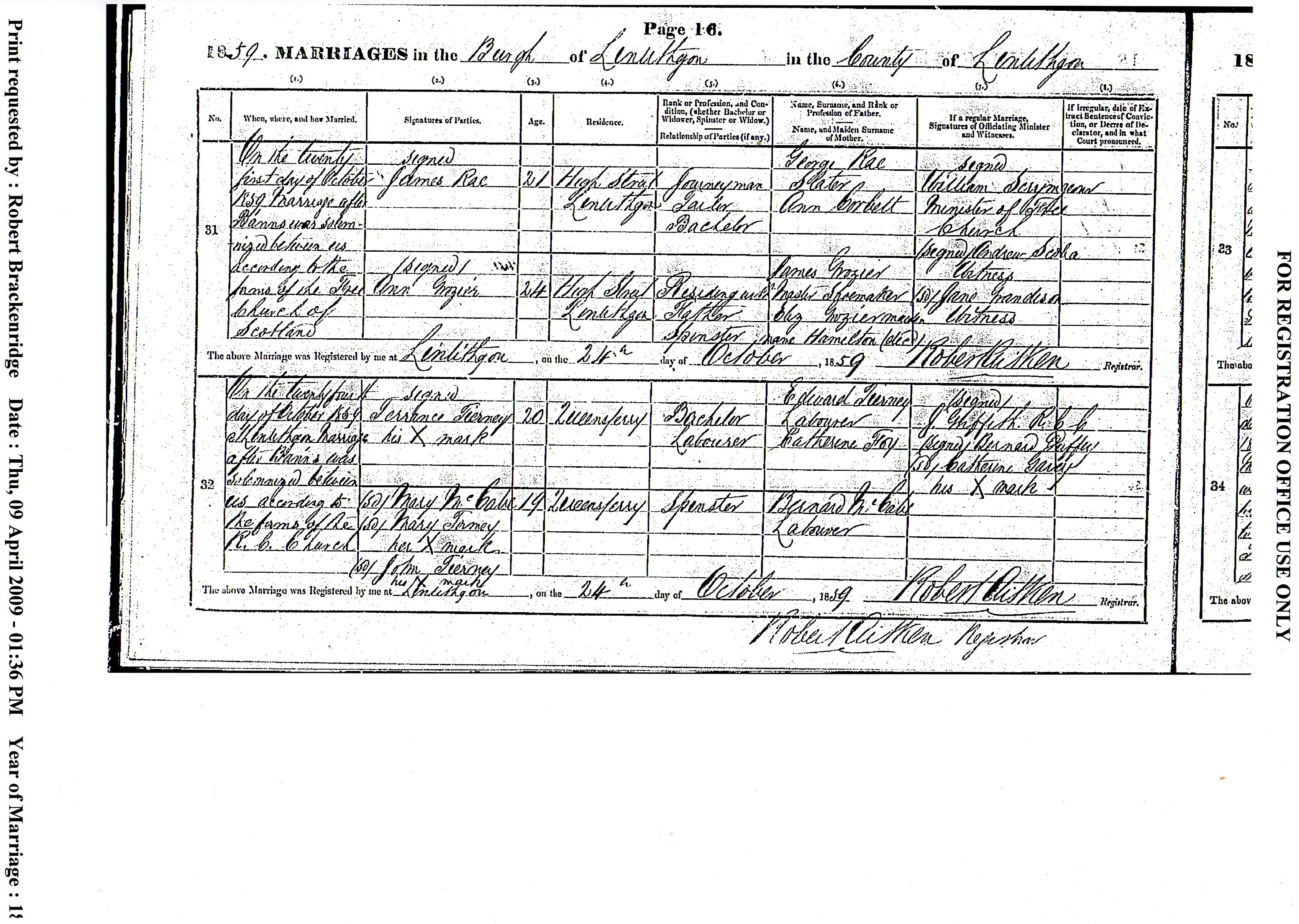 Ann Grozier 1835 -  Marriage Certificate, October 1, 1859, Linked To: <a href='i1385.html' >Ann Grozier</a>